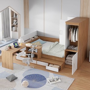 Full Size Wooden Platform Bed with 6 Drawers, Shelves and Desk - 1 of 4