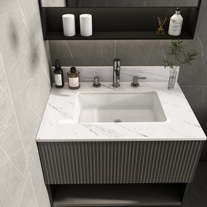 KTMBDW 43/37/31'' Rectangular Bathroom Sink with Marble Vanity Top, Predrilled Centerset and 4-Inch Backsplash, Stain-Resistant, Easy-To-Clean- White - 1 of 4