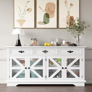TROPOW 63" White Farmhouse Sideboard Buffet Cabinet ¨C Storage Cupboard with Charging Station, 3 Drawers & 4 Mesh Doors for Living Room/Kitchen - 1 of 4