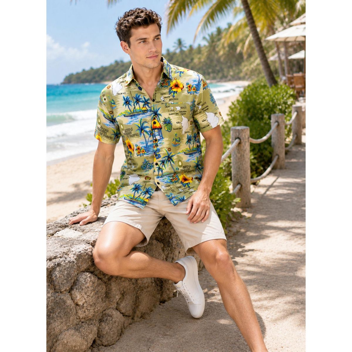 LA LEELA Mens Hawaiian Short Sleeve Button Down Shirt Men's Summer Shirts Casual Beach Vacation Hawaii Island Shirts for Men Funny 5XL Beige, Tree - thumbnail 5