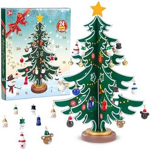 Aoibox Christmas Advent Calendar 2025 Tabletop Wooden Tree 24 Ornaments 6 Bells 1 Star 24 Day Countdown for Kids and Family 1 Set - 1 of 4