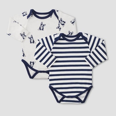 Layette by Monica + Andy Baby Boys' 2pk Striped and Dog Print Long Sleeve Bodysuit - Blue 6-9M