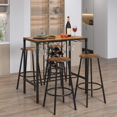 Rustic Brown and Black Industrial Pub Table Set with Wine Rack and Glass Holder