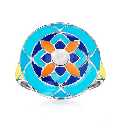 Ross-Simons 3.5-4mm Cultured Pearl and Multicolored Enamel Ring in Sterling Silver