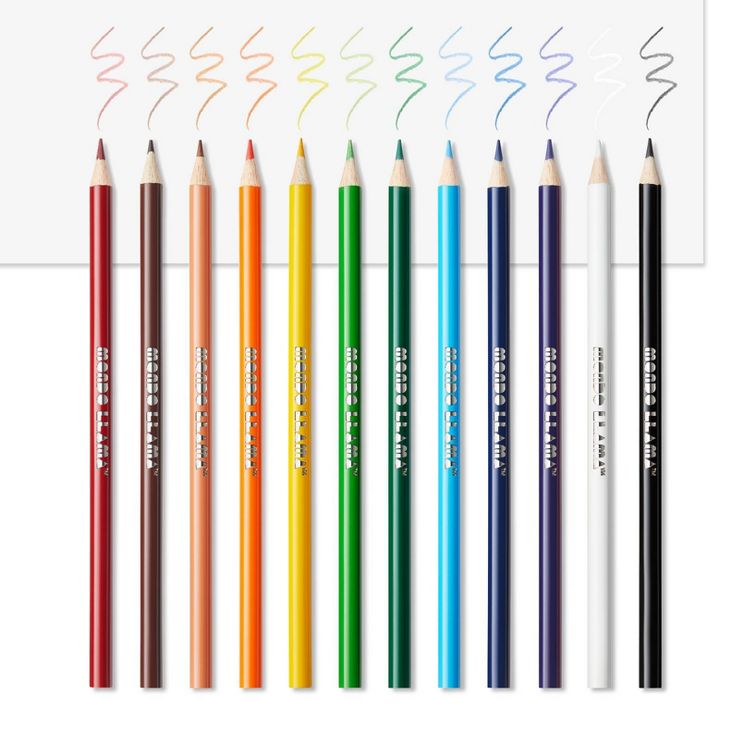 Twelve colored pencils in shades of red, brown, orange, yellow, green, blue, purple, white, and black are arranged vertically with matching squiggle lines above each.