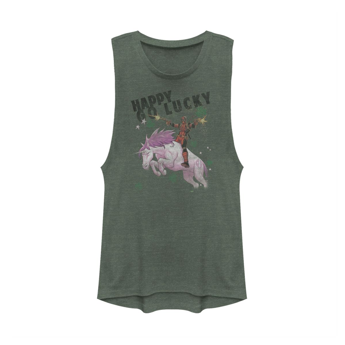 Juniors Womens Marvel Deadpool Lucky Unicorn St. Patrick's Festival Muscle Tee