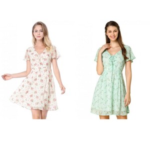 Allegra K Women's Floral Printed Flare Short Sleeve Lace-up V Neck A-Line Chiffon Dress 2 Packs - 1 of 4