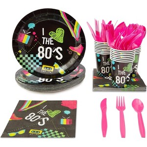 Blue Panda Serves 24 80s Birthday Party Decorations, Includes Plates, Napkins, Cups, and Cutlery, Back to the 80s Party Supplies (144 Pieces Total) - 1 of 4