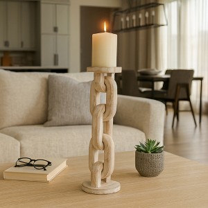 Mango Wood Candle Holder with Sculptural Chain Link Design, Modern Decorative Single Taper or Pillar Candle Stand - 1 of 4
