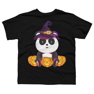 Boy's Design By Humans Cute Panda Mock up Witch With Jack O Lantern Halloween T-Shirt By thebeardstudio T-Shirt
