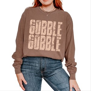Gobble Gobble Block Distressed - Women's Garment Dyed Long Sleeve Graphic T-Shirt - 1 of 4