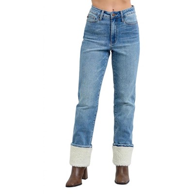 Women's High Waist Shearling Cuffed Straight Leg Jean - Judy Blue