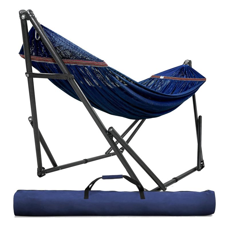 Tranquillo Universal 116" Double Hammock Swing with Adjustable Powder-Coated Steel Stand and Carry Bag for Indoor or Outdoor Use, Aegean, 1 of 8