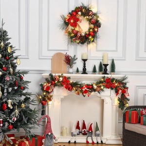 Pre-Lit 6 Feet Christmas Garland With 20 Lights, Lighted Battery Operated Xmas Garland with Faux Flower Balls Pine Cones Bow Gold Branches - 1 of 4
