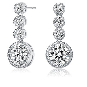 Guili Tiered Shine Sterling Silver with Rhodium Plated Clear Round Cubic Zirconia Bezel Set Three Tier Drop Earrings for a Stunning and Elegant Look - 1 of 3