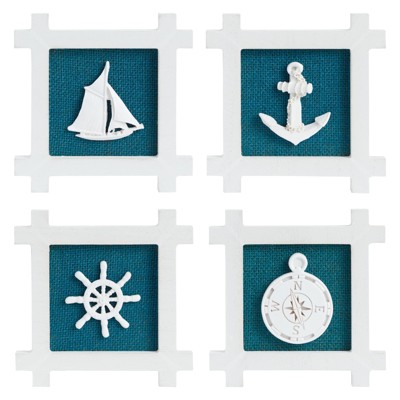 Okuna Outpost 4 Pack Coastal Decor for Home, Hanging Nautical Wall Decorations for Beach Theme Bathroom, 5.9 x 5.9 in, White, Blue