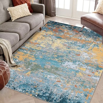 Modern Abstract Rug Washable Rug Low Pile Non-Slip Rugs for Living Room Bedroom, 4'x6' Blue Orange