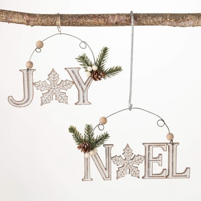 4.5"H and 4.25"H Sullivans Wood Noel And Joy Ornament - Set of 2  White Christmas Ornaments
