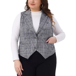 Women's Plus Size Checkered Vintage Plaid Steampunk Sleeveless Button Down Office Work Vest with Pocket - Agnes Orinda - 1 of 4