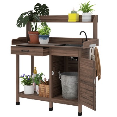 Outsunny Garden Potting Bench Table with Sink, Lockable Storage Cabinet and Open Shelf, Outdoor Planting Workstation with Steel Tabletop