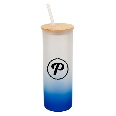 Elanze Designs P Monogram Letter Initial Rope Circle Wrap-Around Design 25 Ounce Frosted Gradient Glass On-The-Go Coffee Travel Skinny Tumbler Mug