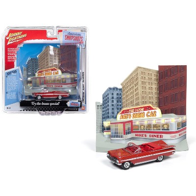 1959 Chevrolet Impala Convertible Red & "Mike's Diner" Front Facade Diorama Set 1/64 Diecast Model Car Johnny Lightning