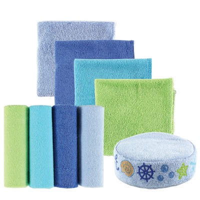 Luvable Friends Baby Boy Washcloths with Bonus Sponge, Blue Solid, 9X9 In