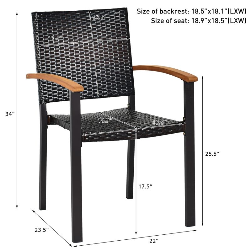 Tangkula Patio Rattan Dining Armchair 2 Set of Wicker Chair W/Steel Frame Acacia Armrests Indoor & Outdoor, 5 of 11