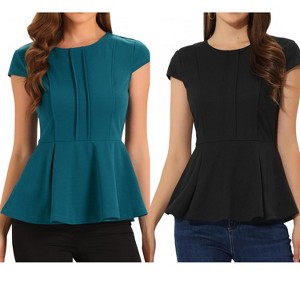 INSPIRE CHIC Women's Elegant Round Neck Cap Sleeve Solid Color Peplum Blouses 2 Packs - 1 of 4