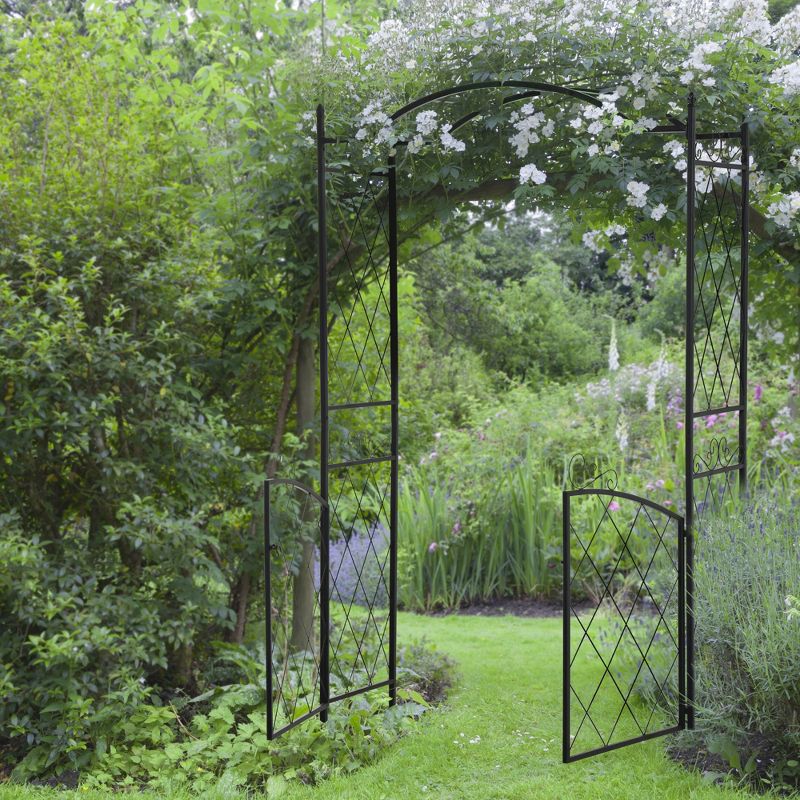 Outsunny 85'' Metal Garden Arbor with Gate, Outdoor Steel Arch with Scrollwork for Climbing Vines, Ground Mountable Columns, 3 of 9