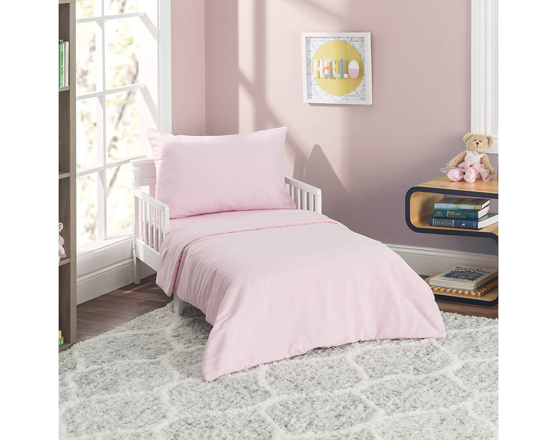 EVERYDAY KIDS 4 Piece Toddler Bedding Set - Includes Comforter, Flat Sheet, Fitted Sheet and Reversible Pillowcase - Solid Pink