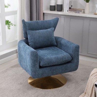CAVINAS Classic Mid-Century Swivel Accent Chair with Curved Backrest, Upholstered 360-Degree Barrel Chair with Gold Metal Base