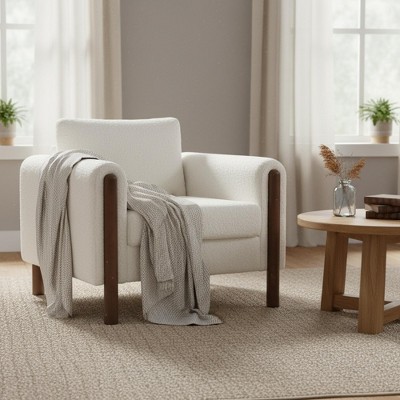 Homy Casa Mid Century Bouclé Upholstered Accent Chair with Solid Wood Legs for Living Room or Bedroom, Ivory
