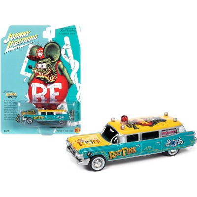 1959 Cadillac Ambulance "Rat Fink" Turquoise and Yellow with Graphics 1/64 Diecast Model Car by Johnny Lightning