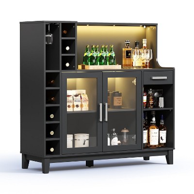 Coffee Bar Cabinet with LED Light, Buffet Sideboard with Glass Holder and Doors