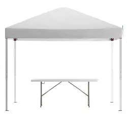 Flash Furniture 10'x10' White Pop Up Event Canopy Tent with Carry Bag and 6-Foot Bi-Fold Folding Table with Carrying Handle - Tailgate Tent Set