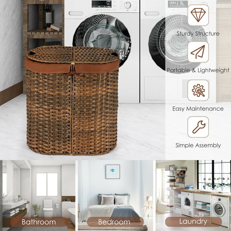 Costway Handwoven Laundry Hamper Laundry Basket w/2 Removable Liner Bags Brown/Grey, 4 of 11