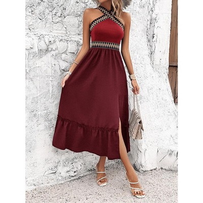 Women's Summer Dress Boho Halter Neck Sleeveless Dress Beach Smocked Backless A Line Flowy Maxi Dress
