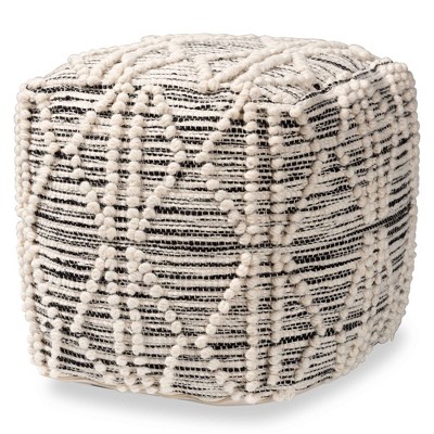 Sentir Moroccan Handwoven Wool Blend Pouf Ottoman Ivory/Black - Baxton Studio