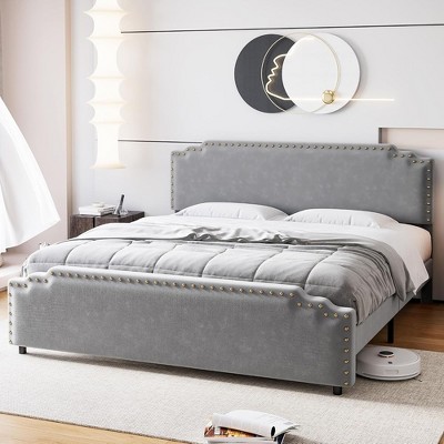 Whizmax Bed Frame, Velvet Upholstered Platform Bed Frame and Headboard with Rivet Decor, Strong Wood Slat Support, Easy Assembly