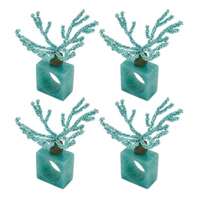 Aqua Beaded Coral Design Iron Napkin Rings, Set of 4