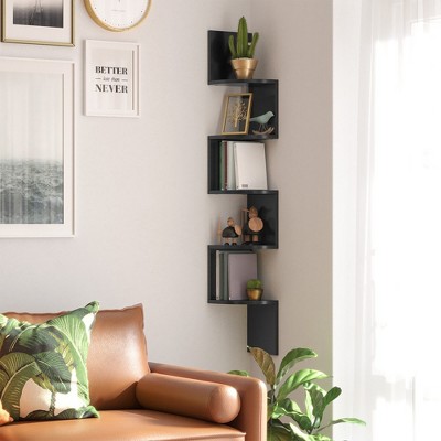 Black Zigzag 5-Tier Floating Corner Wall Shelf