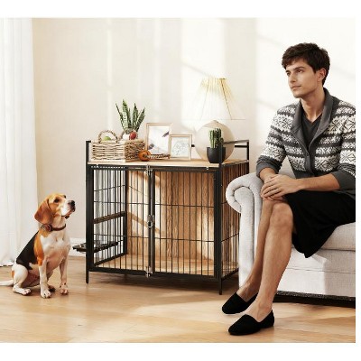 Indoor Pet Kennel Side Table with 360¡ã Rotatable Feeding Bowls, 2 Anti-Escape Doors & Wooden End Table Design, Oak Finish - Nertpow