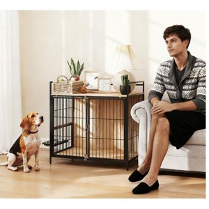 Indoor Pet Kennel Side Table with 360¡ã Rotatable Feeding Bowls, 2 Anti-Escape Doors & Wooden End Table Design, Oak Finish - Nertpow - 1 of 4