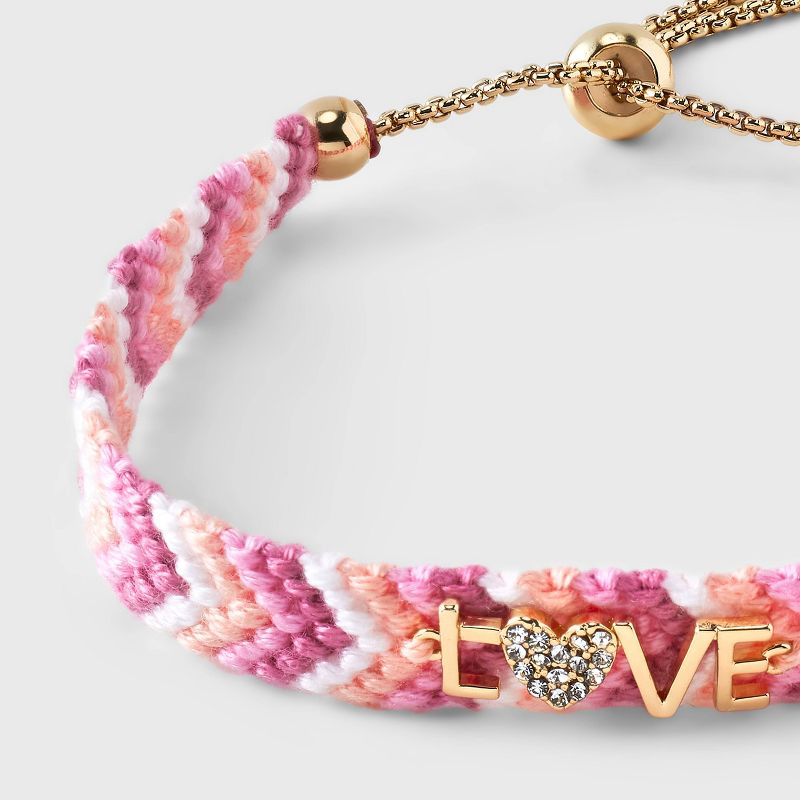 14K Gold Dipped &#34;Love&#34; with Crystal Heart Woven Adjustable Bracelet - A New Day&#8482; Pink, 5 of 6