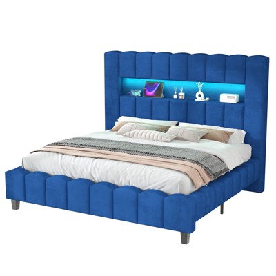 Bed Frame with LED Lights, Upholstered Platform Bed Frame with 51.2" Storage Headboard