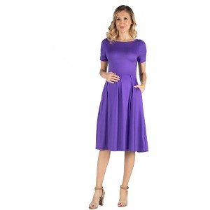 24seven Comfort Apparel Maternity Midi Dress with Short Sleeve and Pocket Detail - 1 of 4