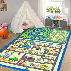 Machine Washable Kids Play Mat 4x6 Non Slip Traffic Road Playroom Rug, City Map Race Track Carpet, Ultra-Soft Foldable Interactive Learning Rug - 1 of 4
