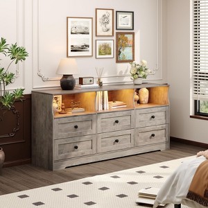 63 in Dresser for Bedroom, 6 Drawer Dresser with LED Lights & Charging Station, Wood Chest of Drawers with Open Shelves - 1 of 4