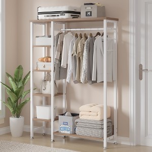 VECELO Open Garment Clothing Rack, Heavy Duty Free-Standing Storage Closet with 5 Shelves & Hanging Rod for Small Spaces, Oak/White - 1 of 4